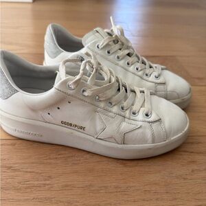 Golden Goose White Leather 'Pure' Star Sneakers with Silver Heel